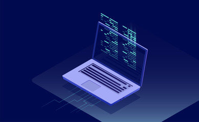 software development and programming with program code on a laptop screen, featuring big data proces