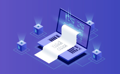 electron bill, billing system, online payment, and financial report in neon-dark isometric vector st