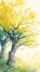 Wall Mural - A stylized illustration of a tree using watercolor backgrounds with yellow and green hues showcasing springtime foliage, tree illustration, natural scenery, botanical design