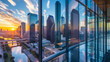 © Duka Mer - A modern city skyline features skyscrapers and office buildings at sunset, symbolizing corporate real estate in urban development.