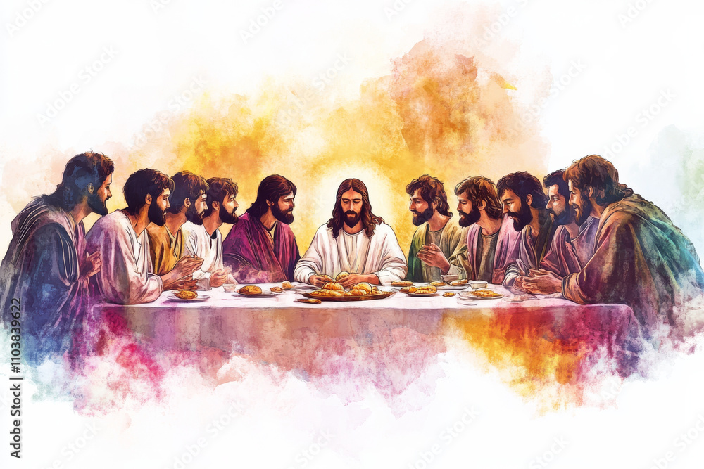 A digital watercolor painting of Jesus at the Last Supper, surrounded ...