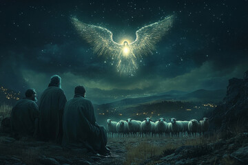 Wall Mural - a serene scene of shepherds watching a glowing angel in the night sky, their faces filled with awe a