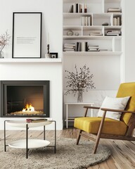 Wall Mural - A cozy living room interior with a yellow armchair. a coffee table. a fireplace. and a bookshelf