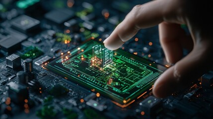 Developer using augmented reality app, holographic UI, modern tech space, close-up, high-quality,