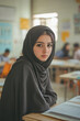 © Volodymyr - A young Arabian teacher woman sitting on the edge of her desk, staring down at the floor with a forlorn expression, while the classroom behind her is noisy and cluttered