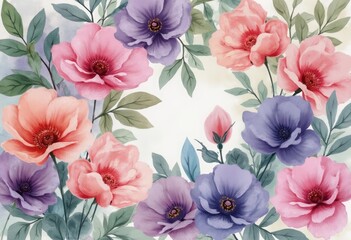 Wall Mural - This enchanting image showcases a stunning arrangement of pink and purple flowers, elegantly intertwined with lush green leaves. The delicate petals, painted in soft pastels, evoke a sense of