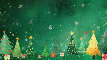 Wall Mural - A vibrant green banner with playful holiday illustrations, including Christmas trees and presents, perfect for family celebrations.