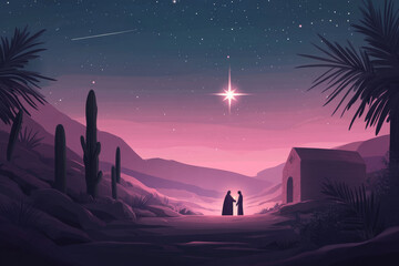 A vector illustration of the nativity scene with Mary and Joseph, the soft glow of a star above them guiding their way. The clean, crisp lines and subtle shading create a modern yet reverent depiction