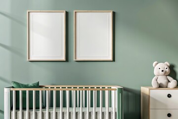 Cozy nursery with a wooden crib, a large plush bear, and two blank wooden-framed posters on a neutral wall