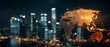 © Gibster - Global trade negotiations. City skyline with a glowing world map overlay at night.