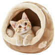 © Topuria Design - Cozy cat bed featuring a playful kitten enjoying its soft interior, PNG file. Playful kitten lounges comfortably in a soft, personalized cat bed, isolated on a white background.