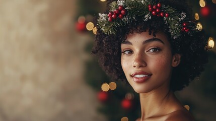 Wall Mural - Stylish Christmas Portrait: A portrait featuring a woman with sophisticated beauty makeup and a chic wreath hairstyle, radiating joy and elegance in a holiday-themed setting.