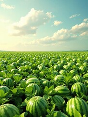 Bumper crop of watermelons in green melon field, watermelons, bumper crop, juicy, green, summer