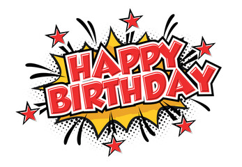 Happy birthday greeting text in comic style for greeting card, invitation. Vector template on transparent background