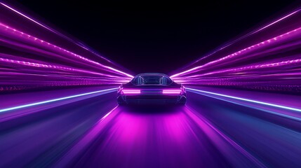 Wall Mural - Futuristic sports car speeding through a neon tunnel. Vivid purple and blue lights streak past.