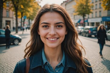 Wall Mural - Close portrait of a smiling young Bulgarian woman looking at the camera, Bulgarian city outdoors  blurred background