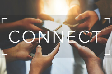Wall Mural - hands, phone and overlay with text in office with group, connection and meeting with mobile app at s