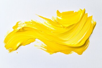 A bold yellow paint stroke isolated on a white background, capturing the raw movement and energy of the artist's hand in a dynamic, modern expression of color and abstract form