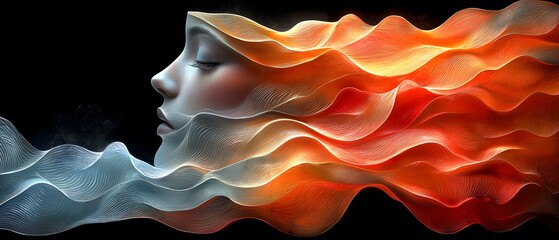 Poster - Abstract representation of a woman's profile with flowing waves of vibrant colors, symbolizing emotions and creativity blending into a surreal landscape of expression.