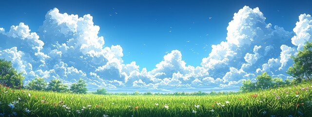 a cartoon background featuring an anime-inspired blue sky with clouds captures a summer heaven scene