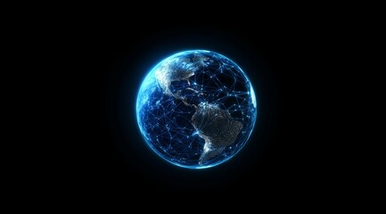 Illustration of the globe, surrounded by lines of neural connections and digital data. Technological background on the topic of the information field