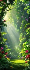 Wall Mural - Tropical forest with lush greenery and exotic flowers , flowers, jungle, plants