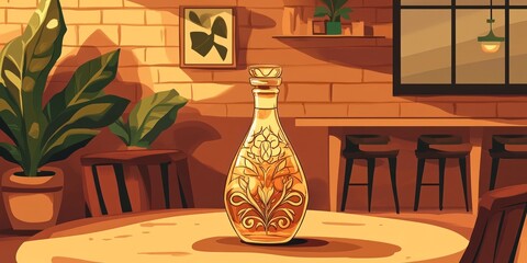 Poster - A decorative bottle sits on a table in a cozy, plant-filled interior space.