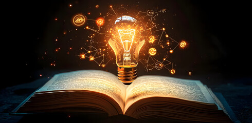 Wall Mural - A radiant lightbulb floating above an open book with glowing symbols and pathways emerging.