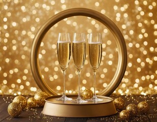 Wall Mural - Three elegant champagne flutes filled with bubbly set against a backdrop of golden bokeh.