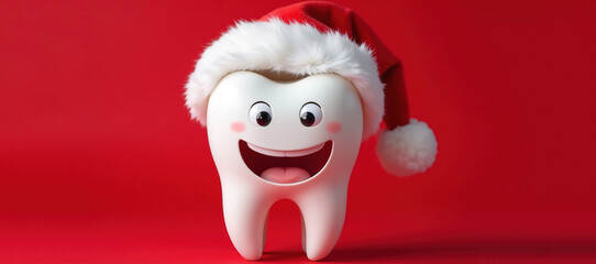 Wall Mural - A figurine of a smiling tooth in a Santa Claus hat on a red background. Christmas and New Year at the dental clinic. A festive medical concept.