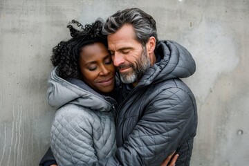 Sticker - Portrait of a tender multicultural couple in their 40s sporting a quilted insulated jacket while standing against bare concrete or plaster wall