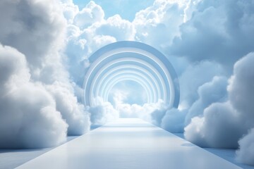 Sticker - Abstract minimalist 3d rendering of blue background with white clouds emerging from tunnel