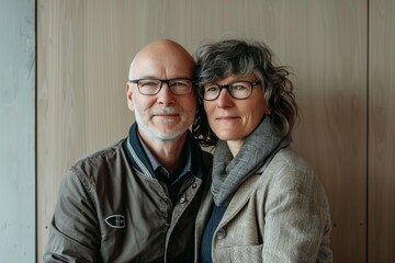 Wall Mural - Portrait of a content couple in their 40s sporting a stylish varsity jacket isolated on light wood minimalistic setup