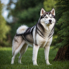  A full-body portrait of a Siberian Husky mother standing proudly on grass, with a blurred green tree background.