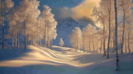 Wall Mural - Serene Winter Landscape with Snowy Trees and Gentle Light in a Mountain View