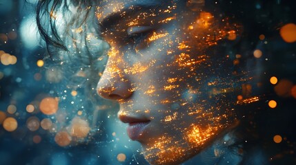 Poster - A Dreamy Portrait of a Young Woman with a Cityscape Reflection Merging in Her Profile Surrounded by Soft Glow of Lights and Mysterious Depths