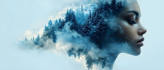 Poster - Surreal Portrait of Woman with Forest and Mist Overlay, Evoking Nature's Calmness and Inner Peace with Dreamlike Aesthetic and Ethereal Atmosphere
