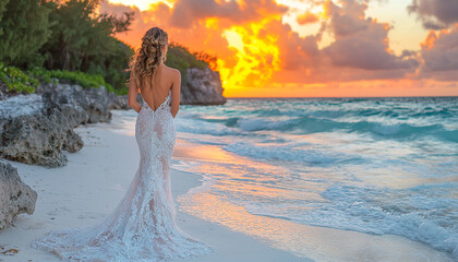 Wall Mural - Bride in wedding dress at sunset on beach generated by AI