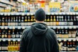 © Daria - Man from behind examining wine or beer selection in a supermarket aisle, contemplating choices.