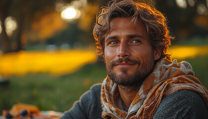 Wall Mural - Man smiling, looking at camera, enjoying autumn nature generated by AI