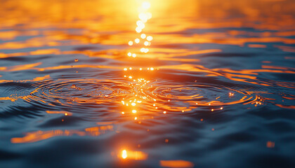 Poster - Sunset wave reflection on tranquil water surface, glowing sunlight generated by AI