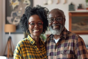 Wall Mural - Portrait of a content afro-american couple in their 60s dressed in a relaxed flannel shirt isolated on stylized simple home office background