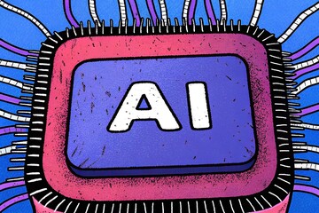 Wall Mural - colorful illustration of an ai chip with connected wires on a blue textured background.