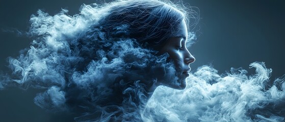 Poster - Ethereal Portrait of a Woman Surrounded by Mystical Smoke Representing Dreams, Imagination, and the Connection Between Mind and Nature in a Surreal Composition