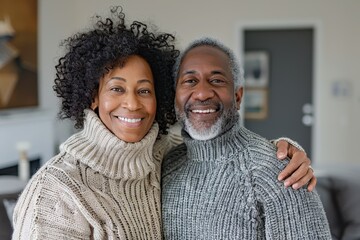 Wall Mural - Portrait of a smiling afro-american couple in their 40s dressed in a warm wool sweater isolated in crisp minimalistic living room