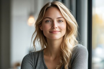 Smiling blonde woman in casual attire poses for a portrait in a bright office environment