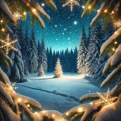 Wall Mural - magical winter forest with snow and glowing fairy lights