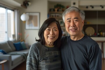 Poster - Portrait of a glad asian couple in their 50s sporting a long-sleeved thermal undershirt isolated on crisp minimalistic living room