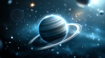Wall Mural - striped gas planet with rings in sky full of stars image. amazing celestial body in cosmic void phot