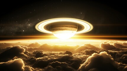 Wall Mural - planet with glowing rings over clouds image. fantasy celestial body on horizon photography scene wal